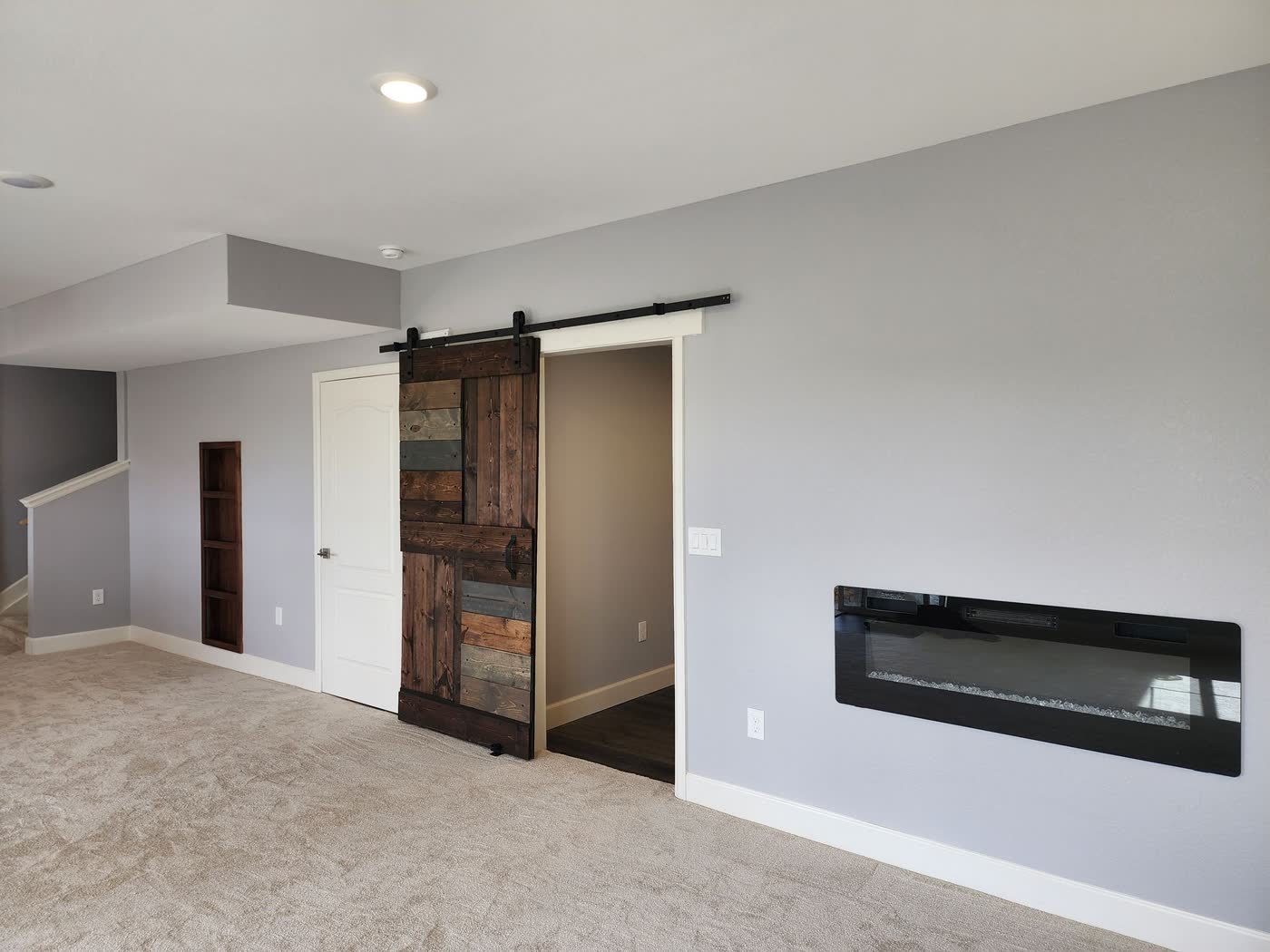 Basement with sliding barn door and linear fireplace