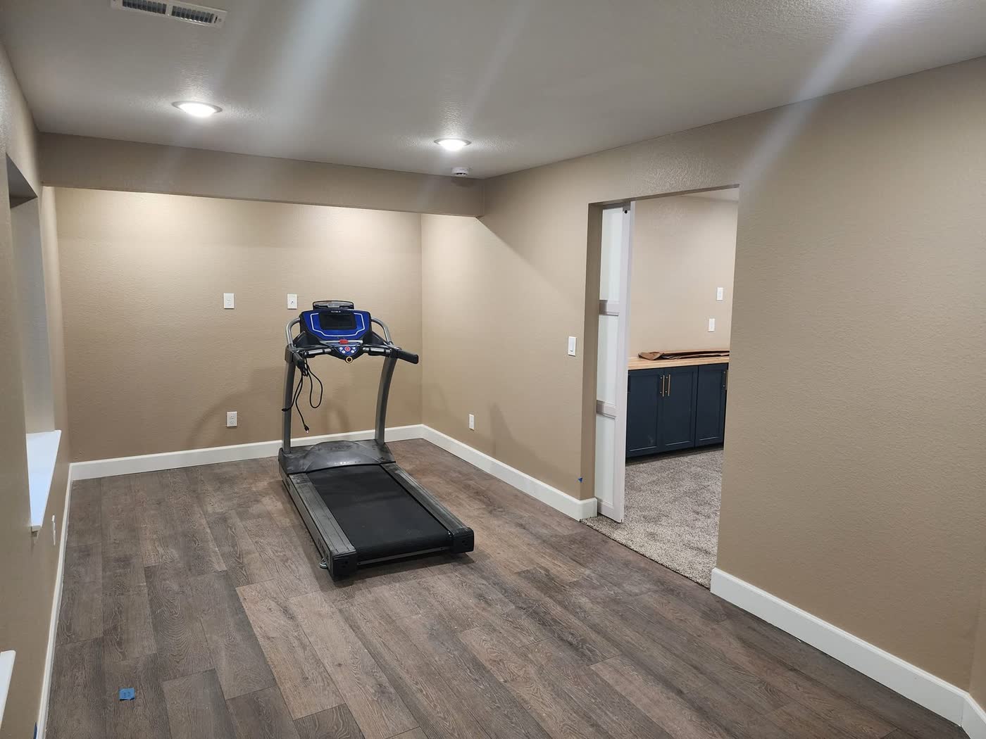 Finished basement flex room with treadmill