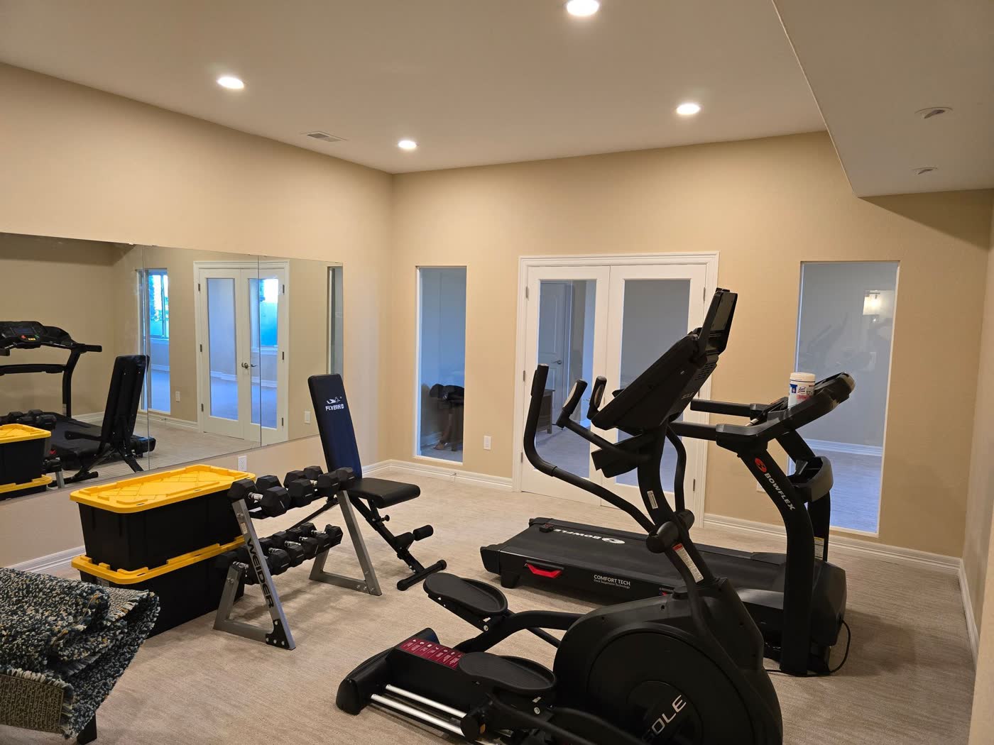 Sunroom turned home gym with French doors